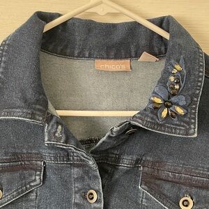 Chico's Dark Blue Denim Jacket with Embroidered Detail